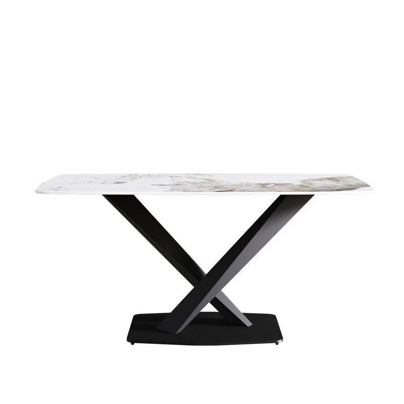 Table de 63 po en pierre frittée blanche - pouvant accueillir 6 personnes, table à manger moderne en métal noir, 6 sièges, table élégante