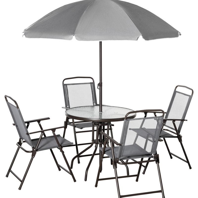 4 Patio Dining In Gray - Umbrella & Chairs. Portable Folding Tempered Glass Table For Deck. 61.6 Lb Outdoor And Chairs 4 Gray. Umbrella, With Mesh Seats. Yard. 42.5" D