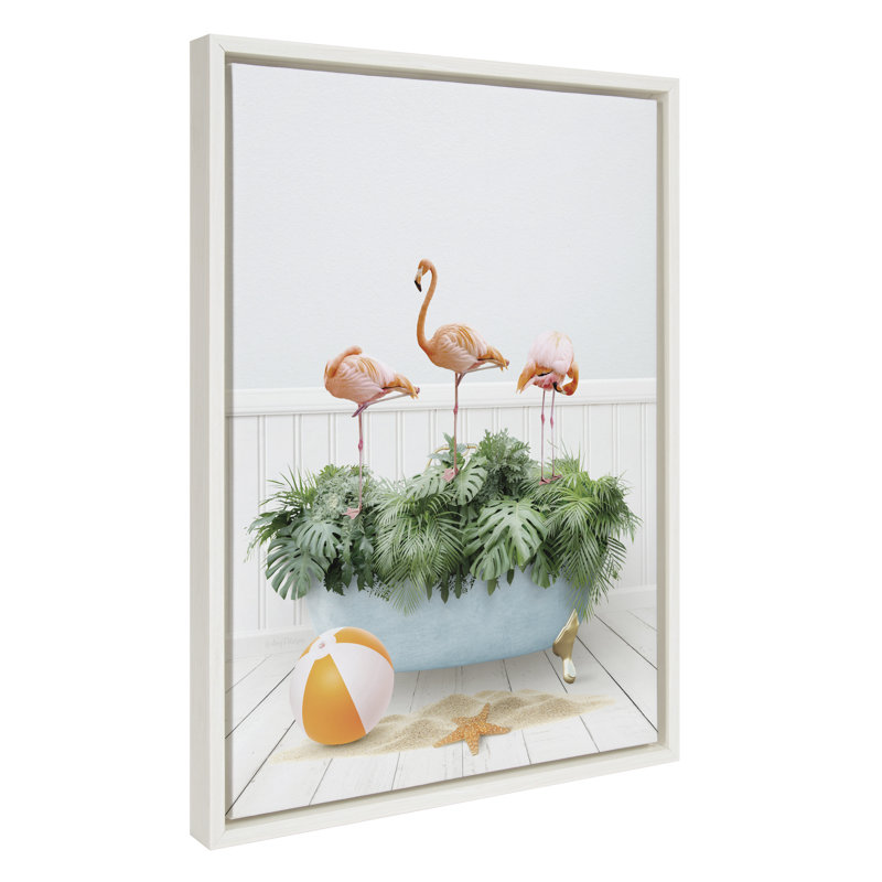 Three Flamants Beach House Bath par Amy Peterson, reproduction d'art sur toile encadrée, Blanc