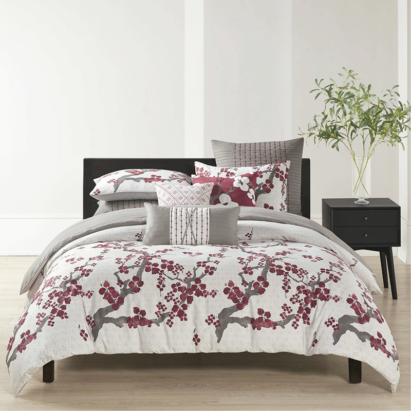 Housse de couette et taie décorative - coton, motif à losanges, motif floral de cerisier 100%, surdimensionné, fermeture à boutons, lavable