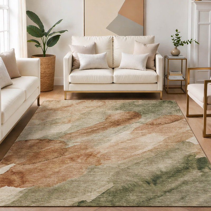 Tapis abstrait lavable à la machine intérieur / extérieur ACN2949, Olive, 3 pi x 5 pi