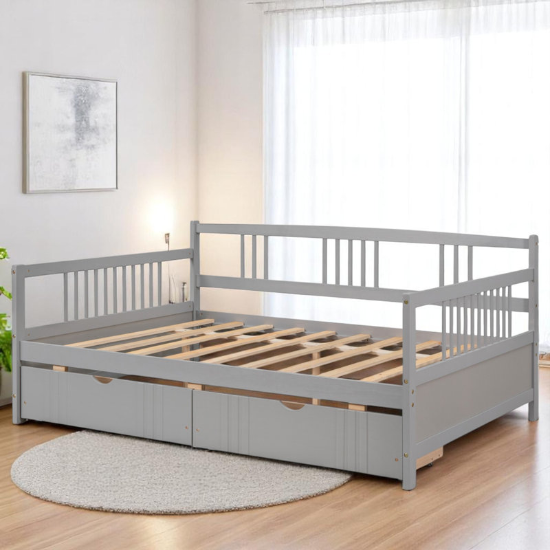 Lit de jour double en bois massif, Gris, Lit double