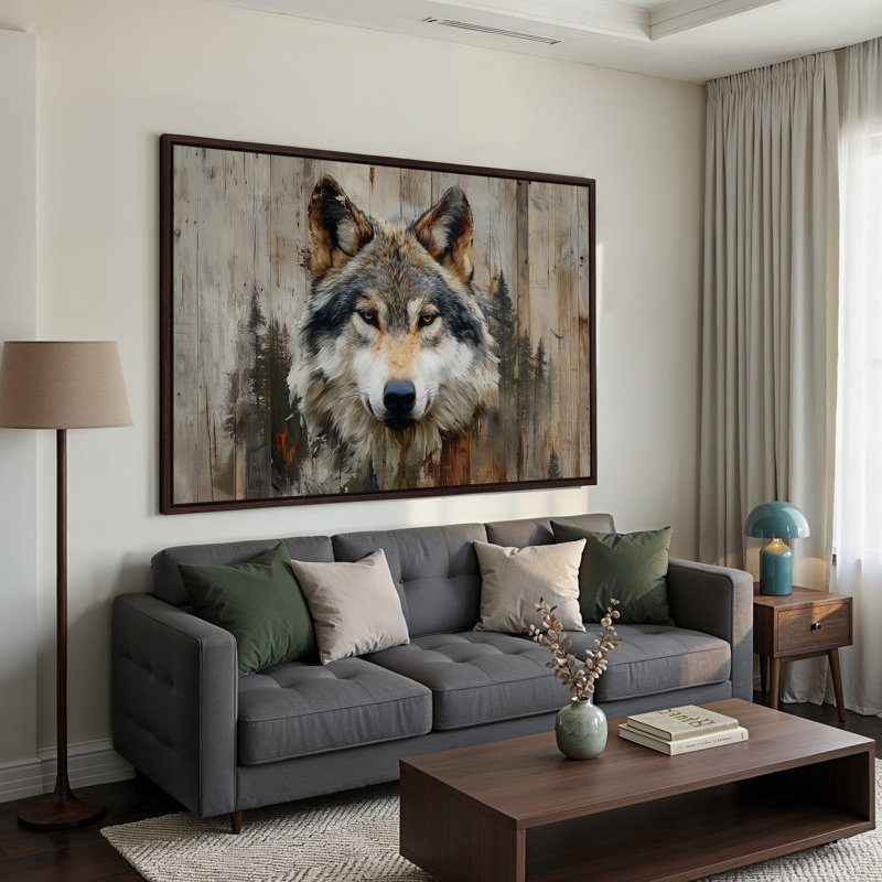 Art sur toile, "Rustic Timber Wolf" avec pin, Cadre flottant en noyer noir, L 59 po x H 39 po