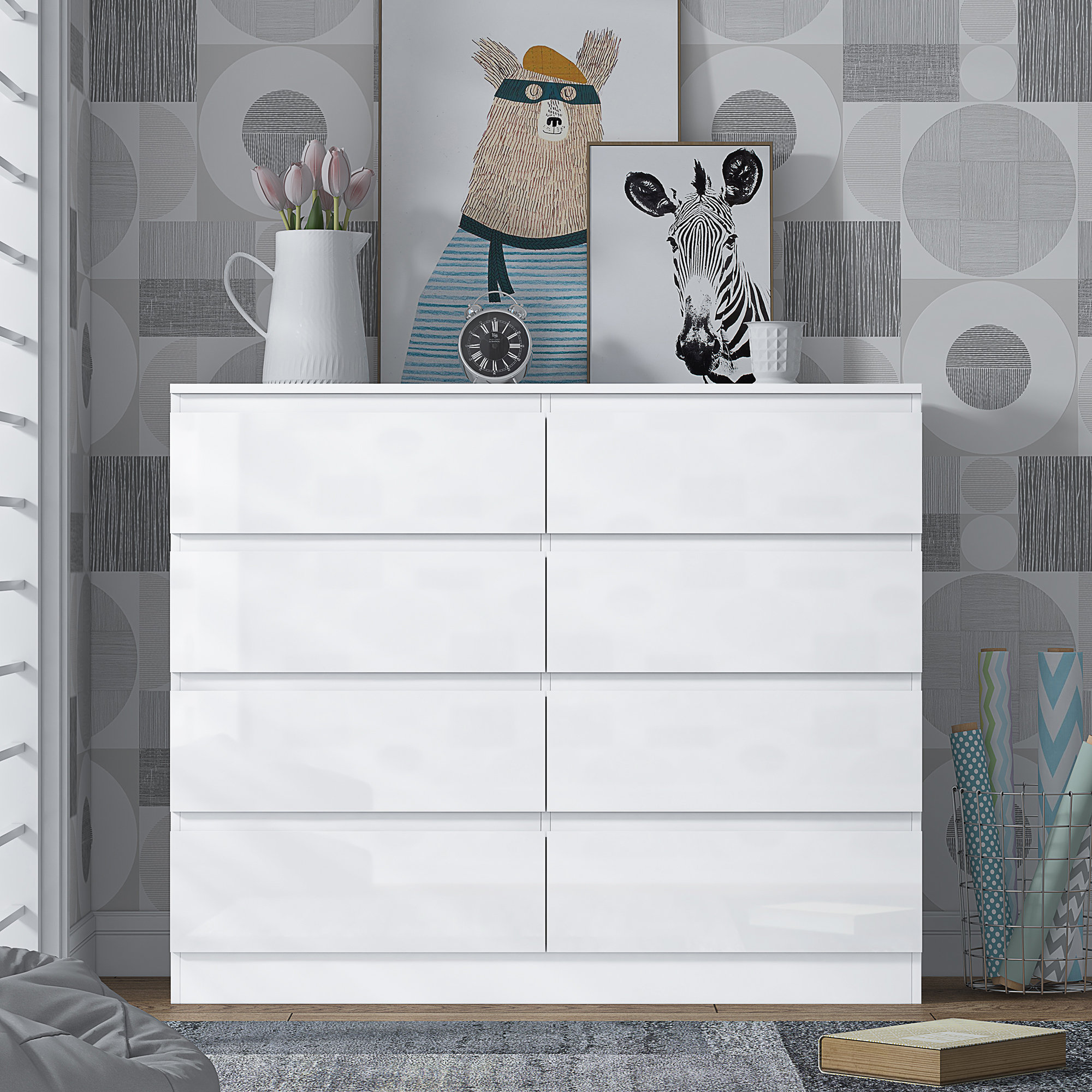 Warren 8 Drawer Chest Of Drawers 110cm Wide. 14cm Deep Drawers. 4 4 Configuration. High Gloss Front. Scratch Resistant. Modern No Handle Design