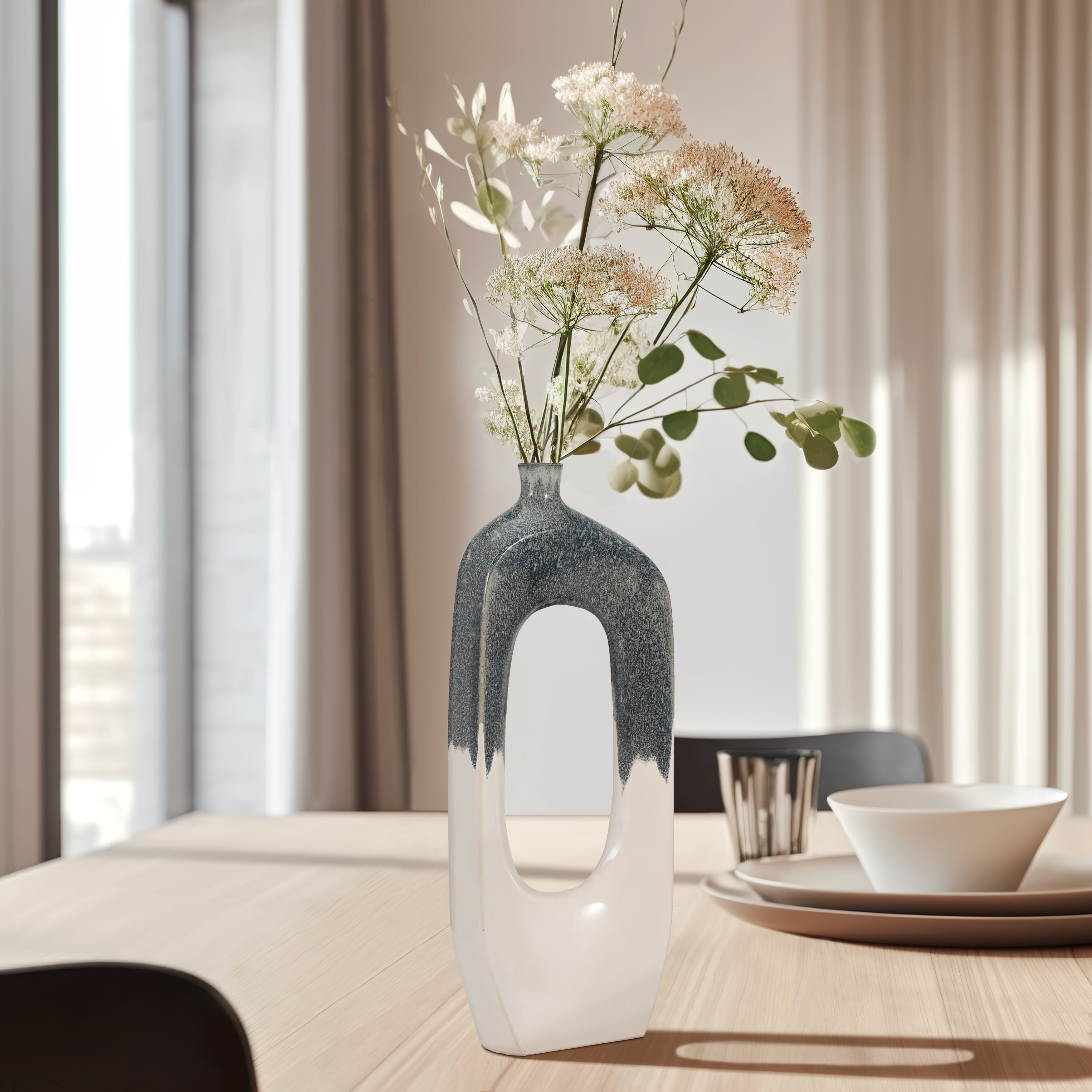 Ivy Bronx Modern Ceramic Blue and White Round Curvy Open Cutout Vase ...