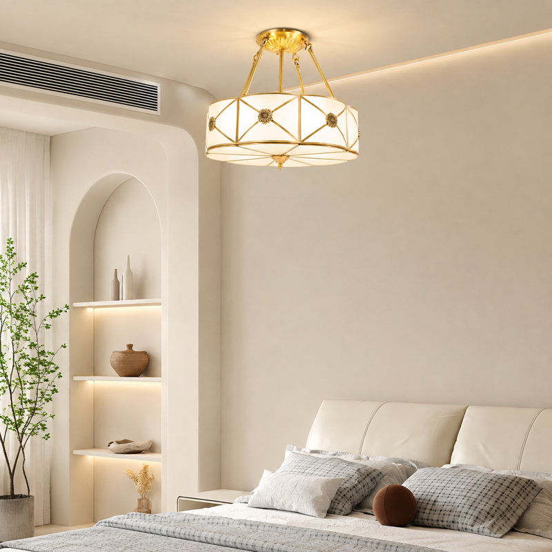 Plafonnier 4 lumières 18 po en cuivre à 4 lumières semi-encastré en verre floral blanc E26 pour les salles à manger, les cuisines et les salons