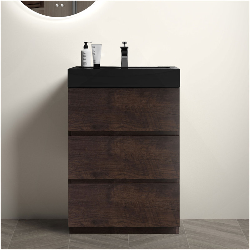 Meuble-lavabo gris avec lavabo, grand meuble-lavabo autoportant pour salle de bain moderne, lavabo une pièce noir sans drain ni robinet, pré-assemblé