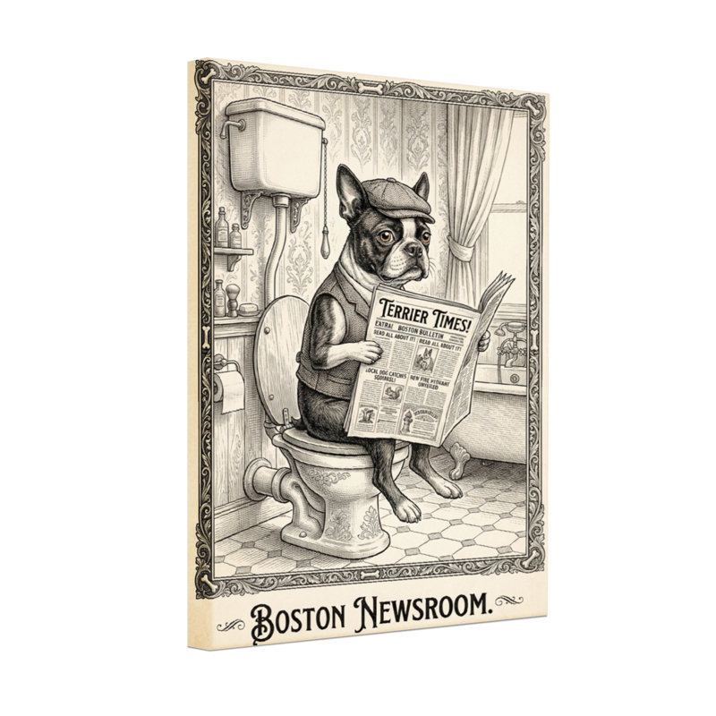 Bath & Laundry Boston Terrier lisant un journal dans la salle de bain, H 30 po x l 20 po