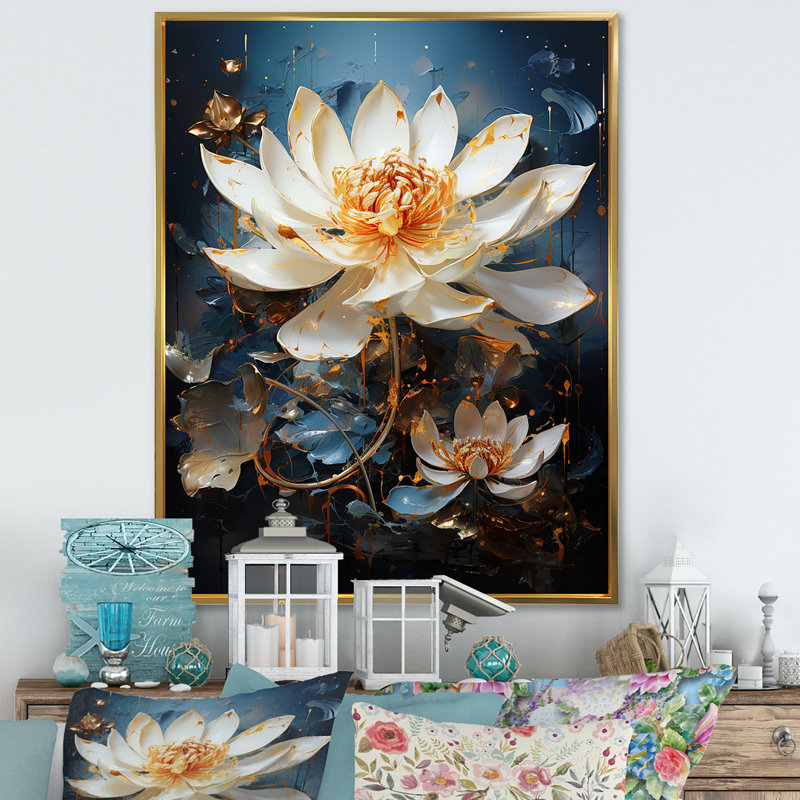 Opulent Reflections Lotus II sur toile, Cadre flottant doré, H 32 po x l 16 po x P 1 po