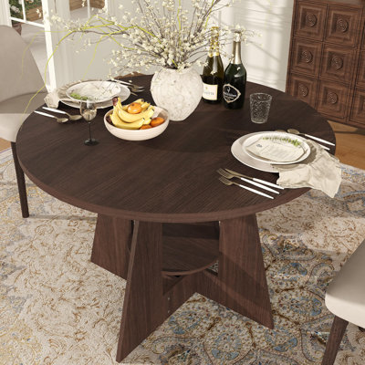 Round Dining Table for 4 with Storage Shelf, Thick Mark-Resistant Easy-Clean MDF Top