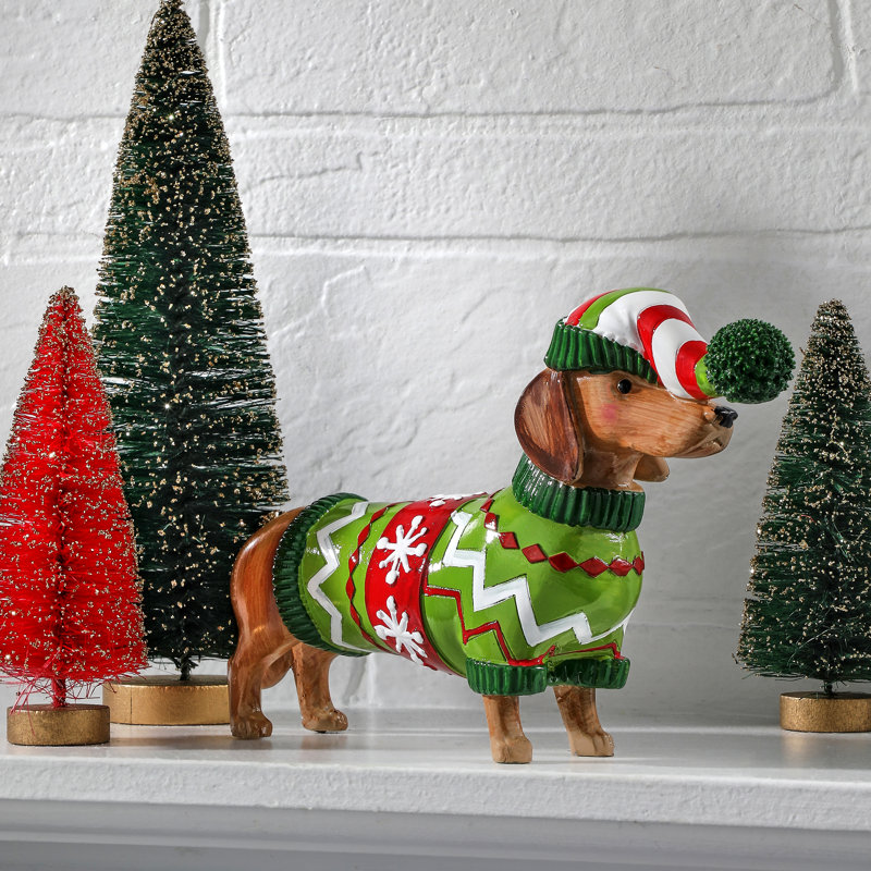 5.5" Festive Resin Dachshund in Green Sweater