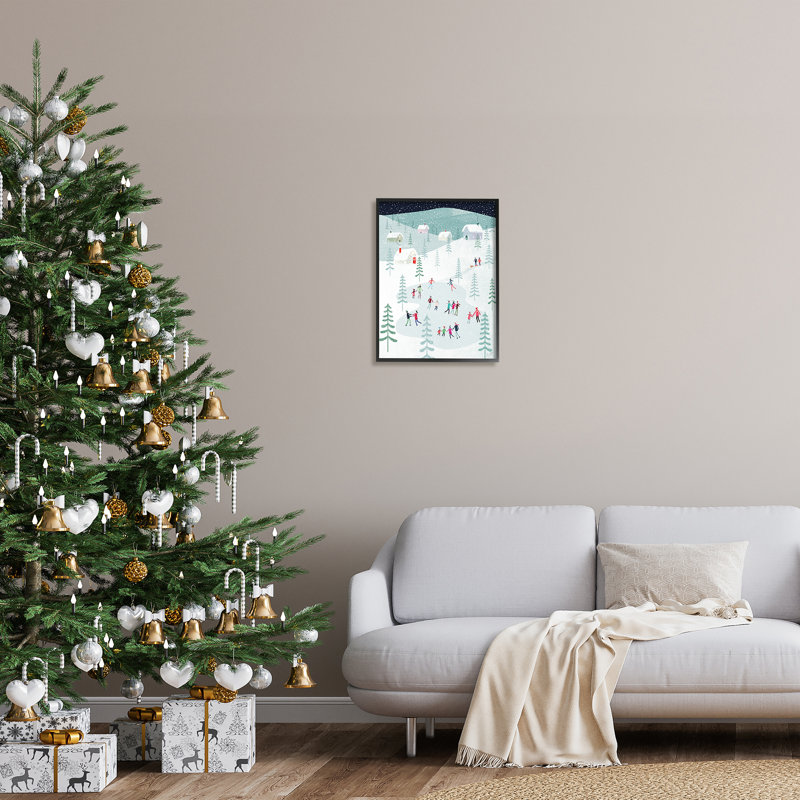 «Ice Skating Familles, chutes de neige encadrées sur bois» par Andrew Thornton, impression, H 20 po x l 16 po x P 1,5 po