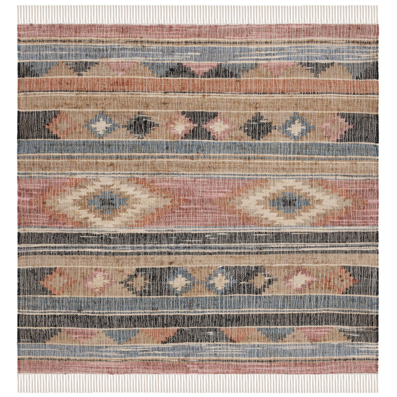 Friley Southwesten Flatweave Jute/Cotton Blue/Rust Area Rug, Square 6'