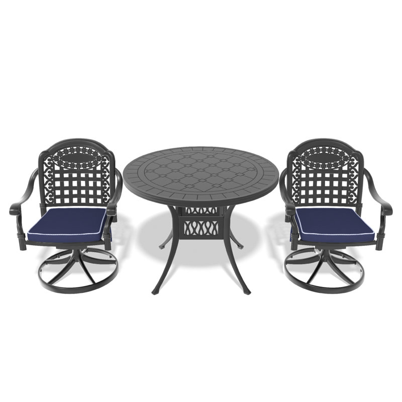Ensemble de salle à manger 3 pièces en aluminium coulé toutes saisons comprenant 2 chaises pivotantes et une table ronde de 39,37 po avec cadre