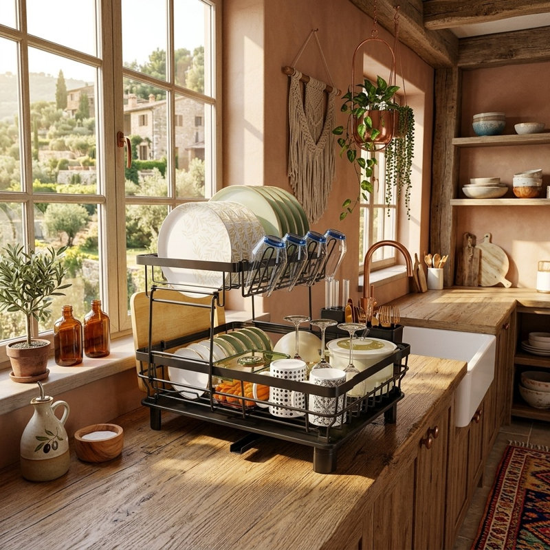 Space-Saving 2-Tier Dish Rack with Swivel Drainer