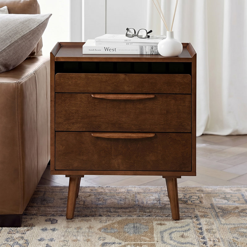 Sebrina Mid-century Modern 24''W 3-Drawer End Table with Charging Station and Solid Wood Legs, Walnut