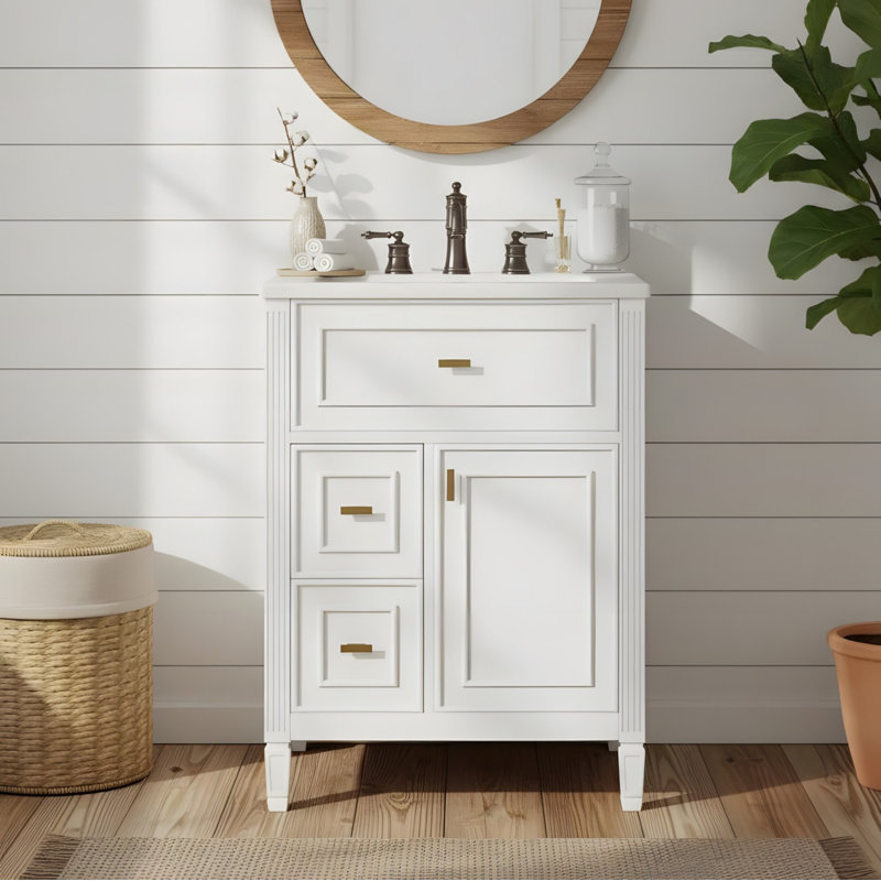 Meuble-lavabo autoportant de 24 po avec tiroir rabattable, deux tiroirs standard et tablettes réglables, Blanc, 24"