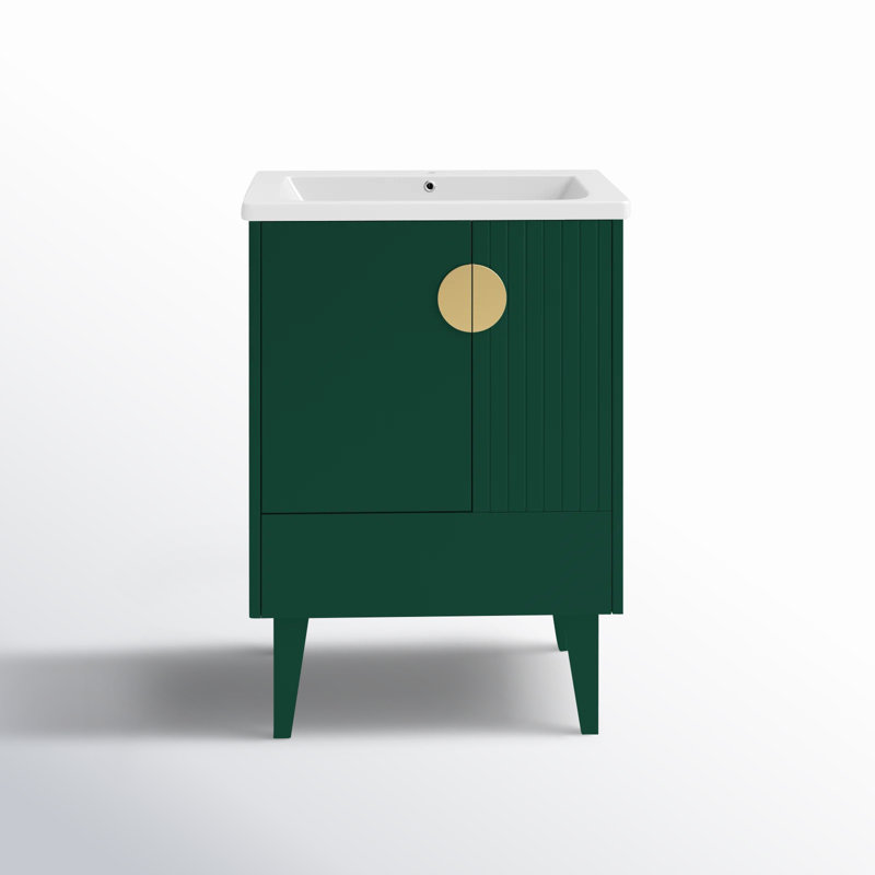 Saimah 24'' Single Bathroom Vanity with Ceramic Top, Green, Satin Brass