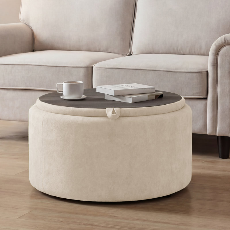 Repose-pieds capitonné rond 27,5 po avec rangement, Velours - beige
