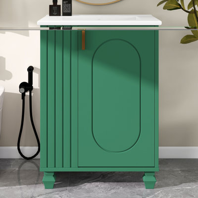 Meuble-lavabo de 24 po avec lavabo, meuble de rangement pour salle de bain avec tablette de porte et rangement latéral ouvert avec cadre en bois massif et porte à fermeture douce