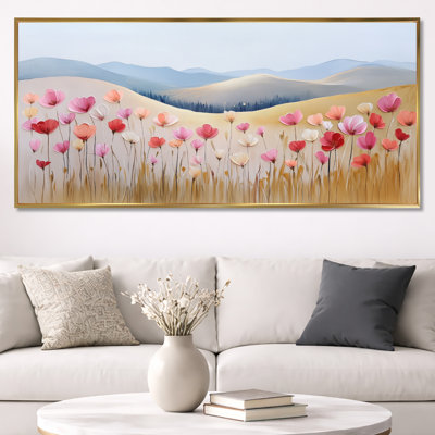 «Yellow Pink Poppies Summer Sunrise I», reproduction sur toile florale, art mural nature