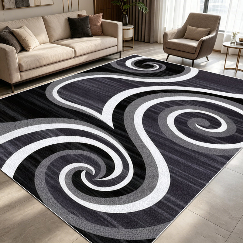 1PC Black Grey White Swirl Abstract Geometric area rugs for Living Room, Soft and Comfortable, Suitable for all seasons, easy-to-maintain, machine washable Indoor floor mat, Under Table Farmhouse suitable for dining room, bedroom, kitchen entryway,