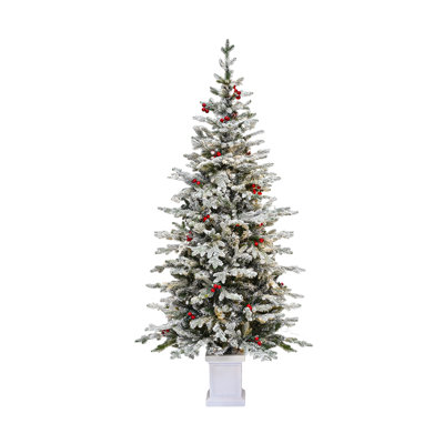 4.5ft / 6ft Potted Artificial Flocked Christmas Tree, Potted Christmas Tree, Seasonal Tree, Holiday Theme Tree with Berries and Prelit Lights