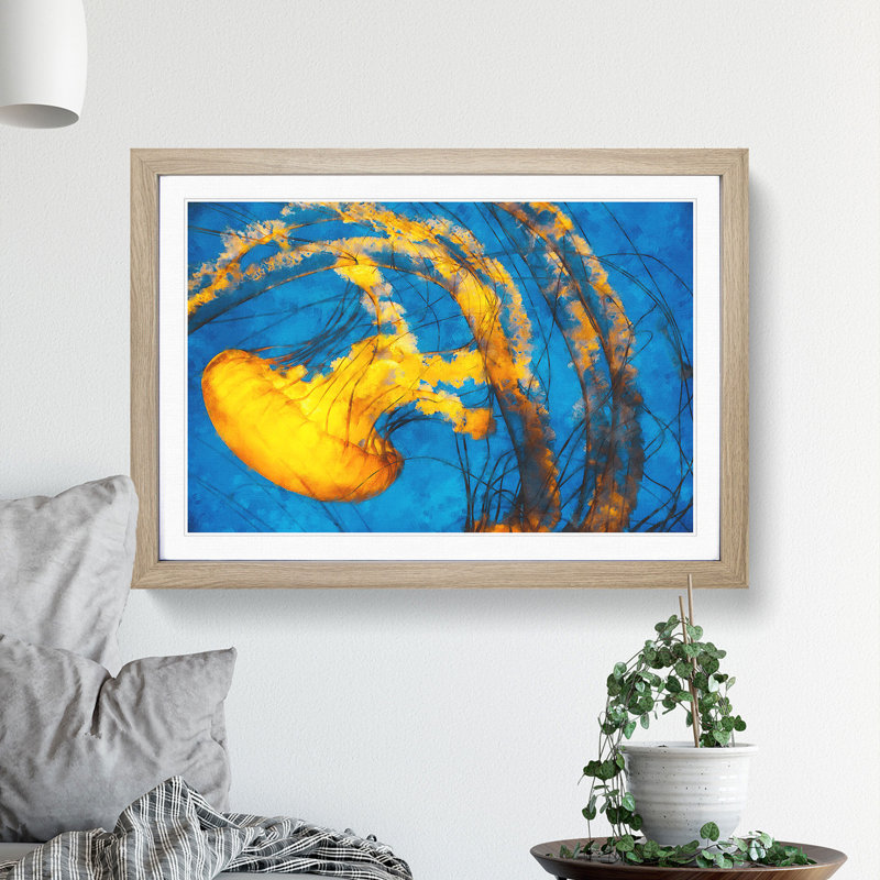 Yellow Jellyfish - Picture Frame Painting Print, Oak Framed, 40cm H x 60cm W x 2cm D