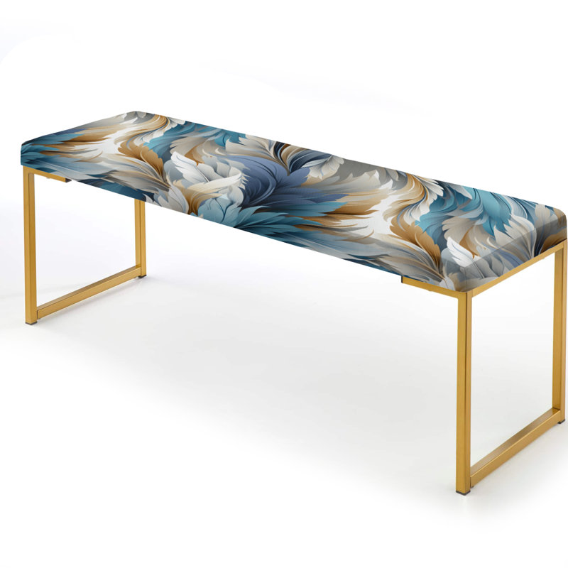 Ikat Upholstered Gold Bench, White And Teal Marble Flowers Serenity I