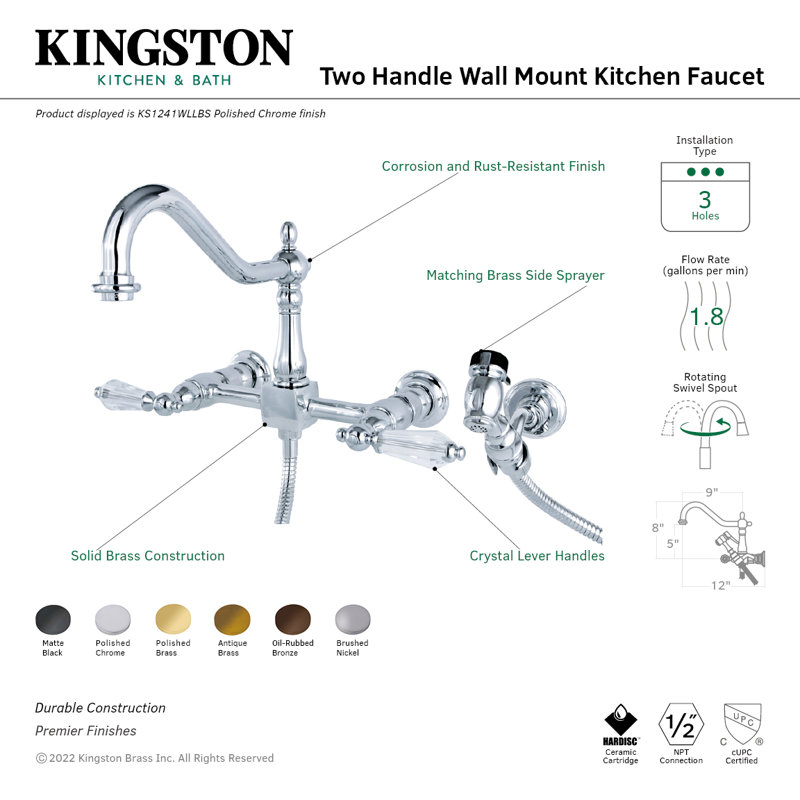 Kingston Brass Wilshire Double-Handle 3-Hole Wall-Mount Bridge Kitchen Faucet with Brass Sprayer, Polished Brass