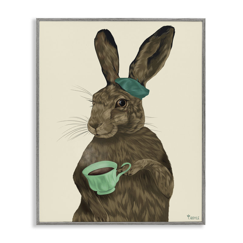 «Rabbit & Green Teacup», art de la giclée encadrée par Tara Royle, H 14 po x l 11 po, Estampe numérique Farmhouse