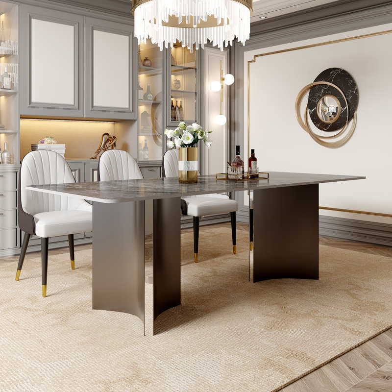 Table de salle à manger pour 6 à 8 personnes, avec plateau rectangulaire en pierre frittée et base en acier gris acier