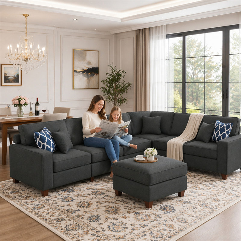 Canapé modulaire avec repose-pieds, Lin gris foncé, H 35 po x l 151,25 po x P 110,25 po
