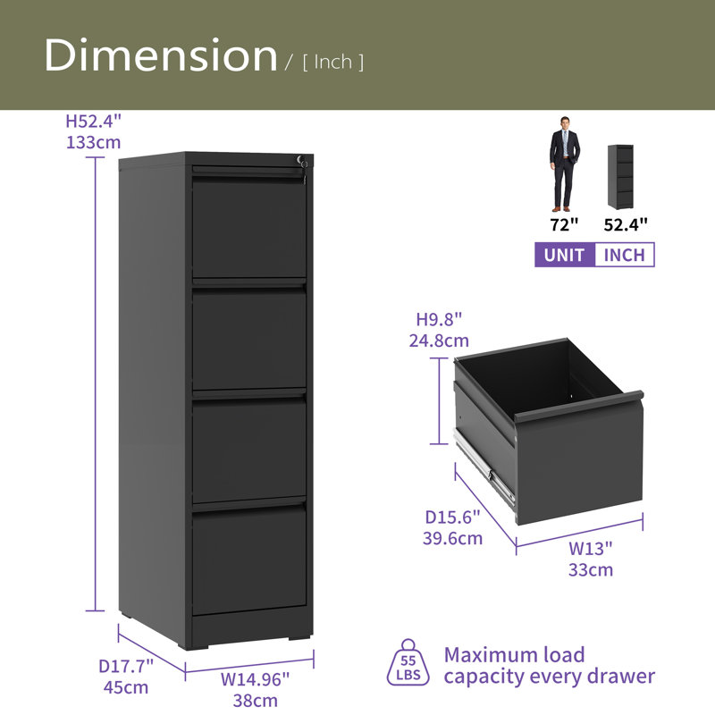 4 Drawer Metal Vertical File Cabinet With Lock Office Home Steel Vertical File Cabinet For A4 Legal/Letter Size, Black