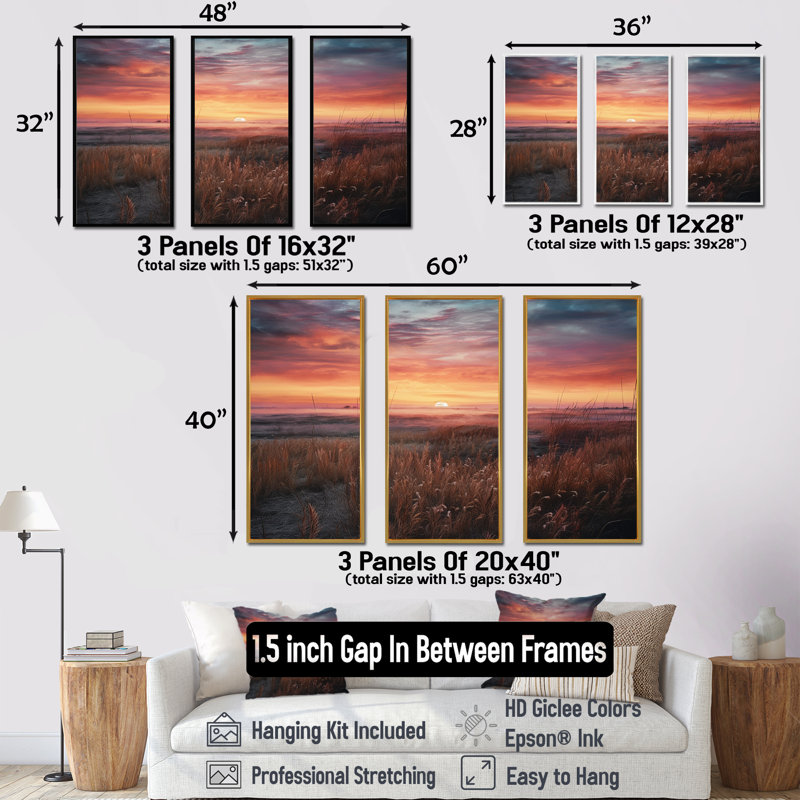 Tranquil Prairies At Sunrise I - ensemble d'art mural sur toile Prairies, Cadre flottant doré, H 28 po x l 36 po x P 1 po