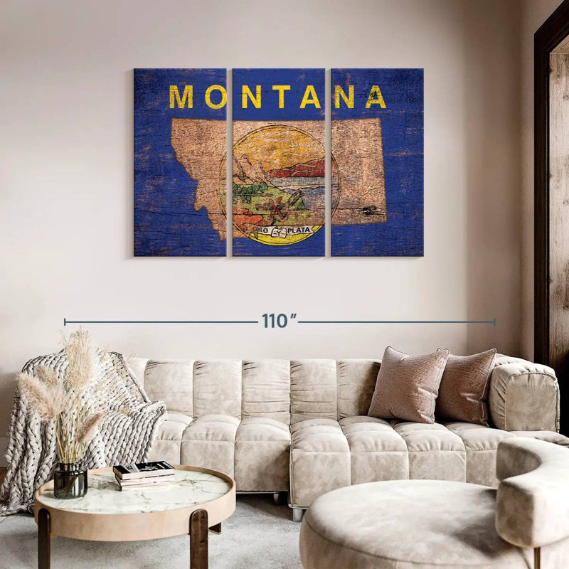 " State Map Over Montana Flag " by Echoes Of America 3 - Pieces, 48" H x 74" W