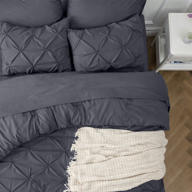 Microfiber Pintuck Duvet Cover Set – 2 Pillowcases, Grey, Double Duvet Cover + 2 Standard Pillowcases