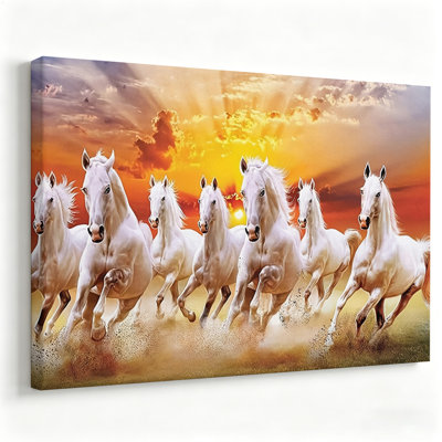 Seven Galloping White Horses Framed Canvas Wall Art, Sunrise Golden Sky Motivational Landscape Decor for Office Entryway