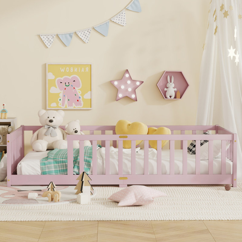 Kolia Twin Kids Rubberwood Floor Platforms Bed With Fence, Pink