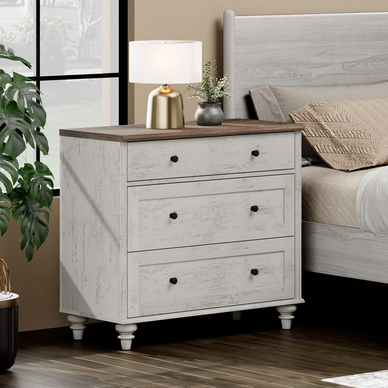 Table de chevet 3 tiroirs Scarlett, Blanc rustique / brun, Individuel