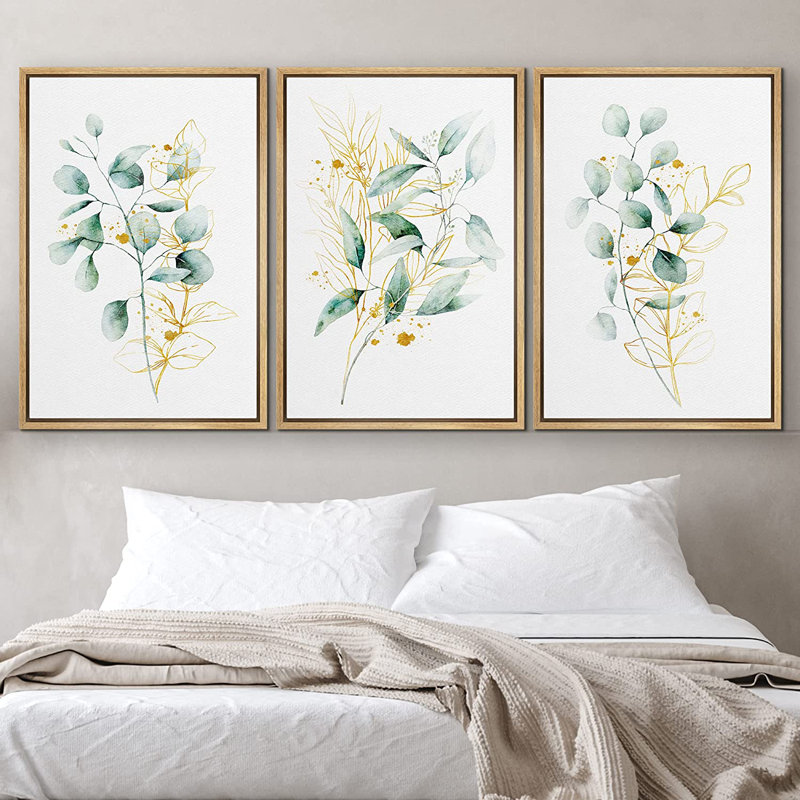 Ensemble de 3 peintures sur toile avec cadre flottant, H 24 po x l 48 po x P 1,5 po, Naturel