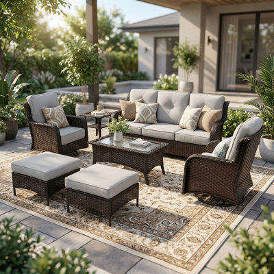 7 Pieces Outdoor Wicker Swivel Chair Set With Cushions, Coffee Table, Ottomans