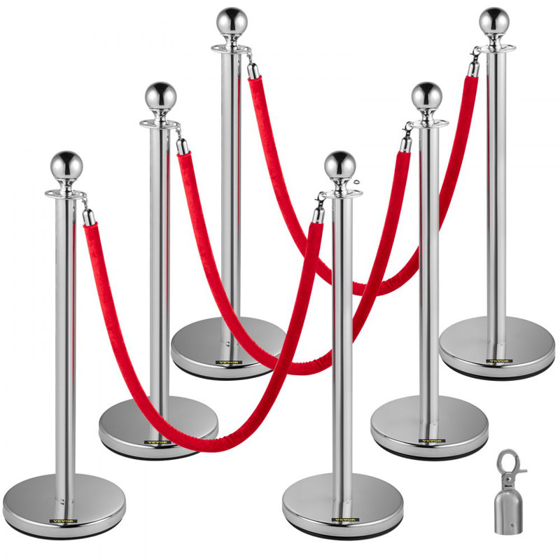 6PCS Red Rope Stanchion Silver Post