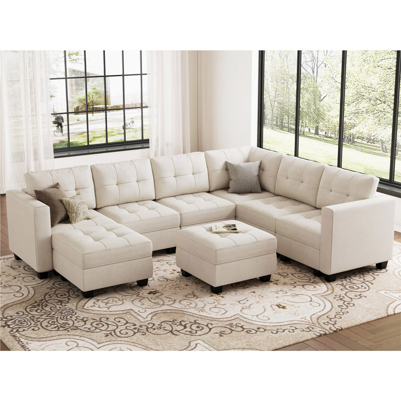 Canapé modulaire réversible de l 143 po avec repose-pieds avec rangement, Velours beige 
