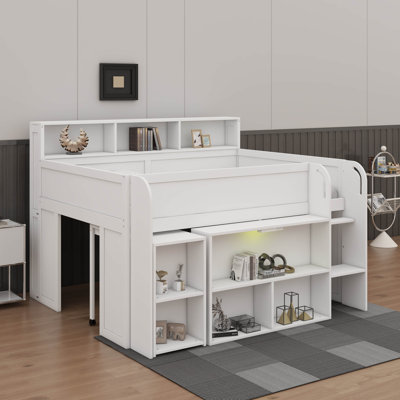 Loft Bed With Built-In Desk, Storage Shelves & LED Lights, Sturdy Wood+MDF Frame, No Box Spring Needed