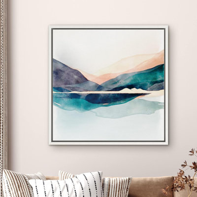 Abstract Mountain " Sunset Over Green Blue Mountains & Lake Landscape Nature Watercolor Rustic Multicolor Pastel "