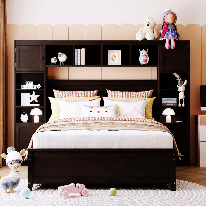 - Lit double en bois avec armoire intégrée et tablette intégrée - Stable et élégant dans un ton attrayant, Espresso