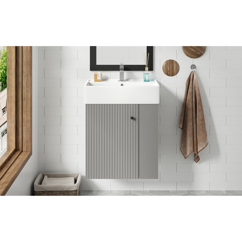 Meuble-lavabo gris flottant peu encombrant avec lavabo en céramique - Conception moderne pour les salles de bain compactes