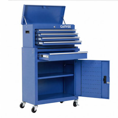 Lockable 2-in-1 Rolling Tool Chest & Cabinet, 5-Drawer Large Metal Tool Box Cart - Sliding Drawers w/ Protective Liners, 3-Inch Casters, Side Armrest - Blue, 5 Drawers, Side Armrest, 3-Inch Wheels