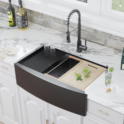 Robinet tout-en-un noir, évier de cuisine encastré à cuve simple en acier inoxydable 304T 33 pouces